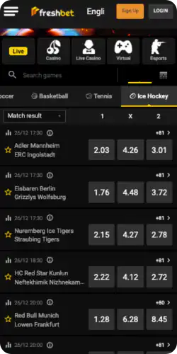 Freshbet Hockey betting on website