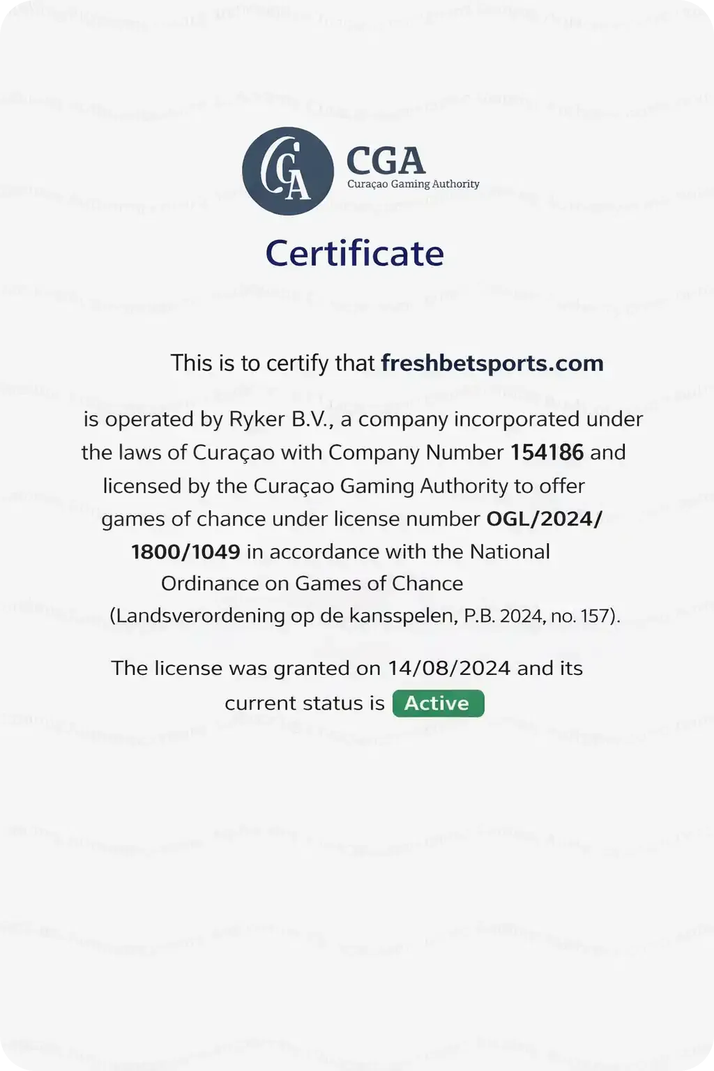 Freshbetsports Curaçao license OGL202418001049